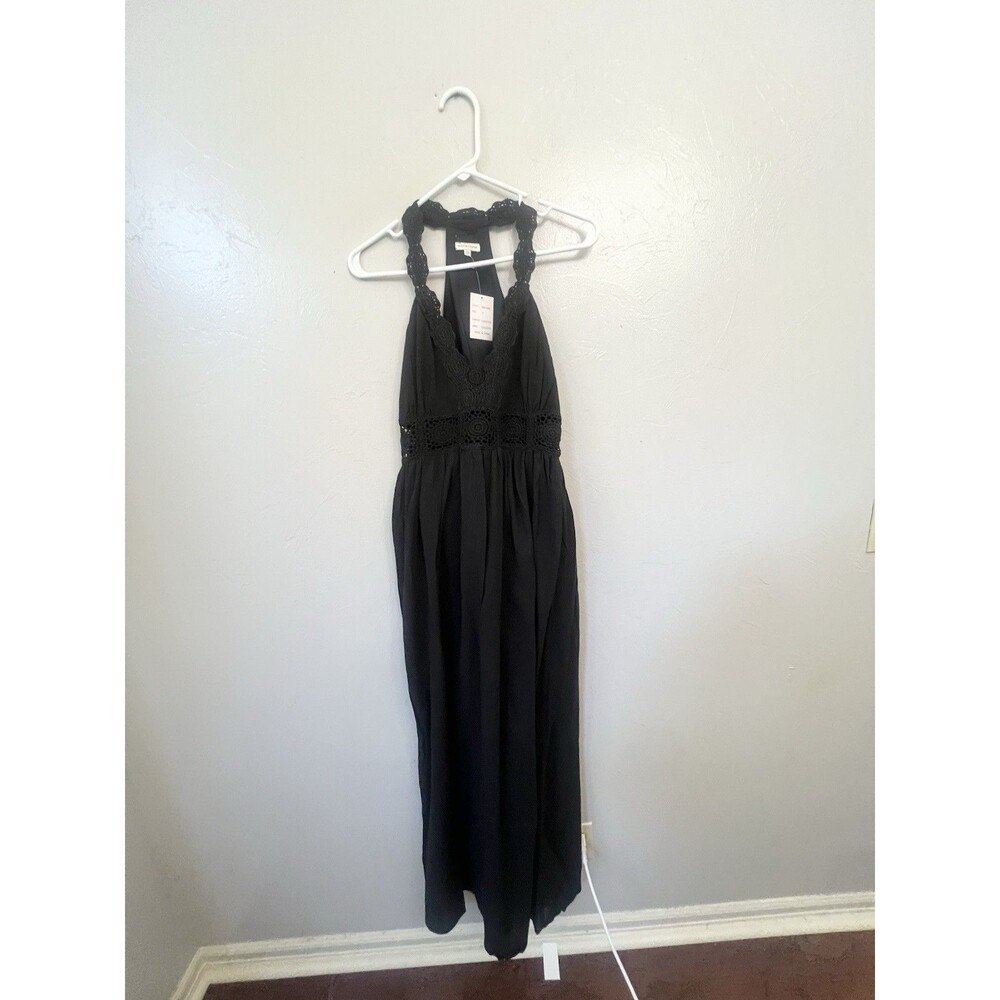 Boston Proper Black Crochet Maxi Dress Size 10 Gauzy Cotton New NWT Cover Up - Picture 2 of 9
